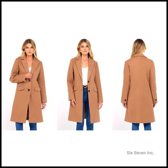 Notched Lapel Peacoat Loose Fit Trench Coat Classic Elegant Winter Outerwear - Picture 7 of 7